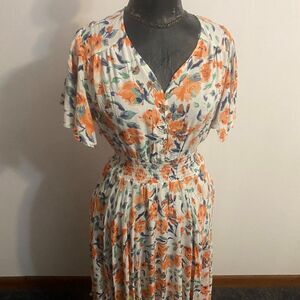Nerlerolian White/Orange/Blue Floral V-neck Fit & Flare dress, size XL